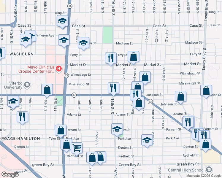 map of restaurants, bars, coffee shops, grocery stores, and more near 1550 Jackson Street in La Crosse