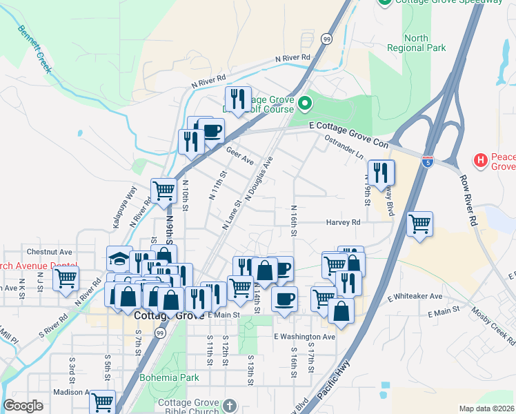 map of restaurants, bars, coffee shops, grocery stores, and more near 1300 Harvey Road in Cottage Grove