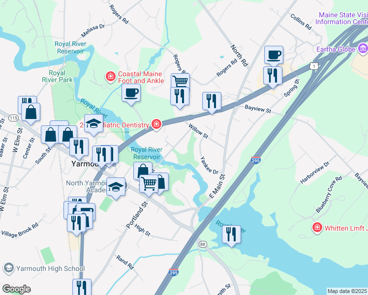 map of restaurants, bars, coffee shops, grocery stores, and more near 54 Yankee Drive in Yarmouth