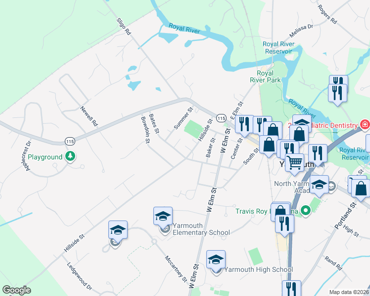 map of restaurants, bars, coffee shops, grocery stores, and more near 81 Cumberland Street in Yarmouth