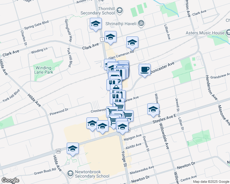 map of restaurants, bars, coffee shops, grocery stores, and more near 7163 Yonge Street in Markham