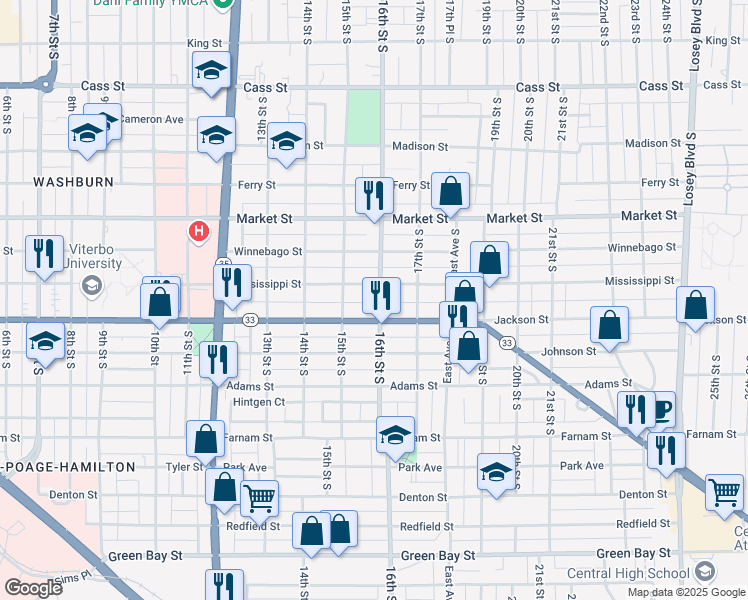 map of restaurants, bars, coffee shops, grocery stores, and more near 1550 Jackson Street in La Crosse