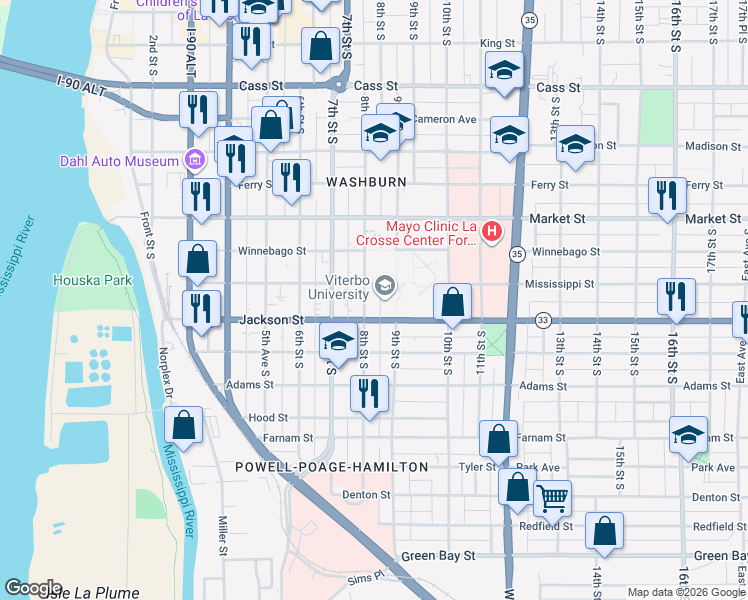 map of restaurants, bars, coffee shops, grocery stores, and more near 1002 9th Street South in La Crosse