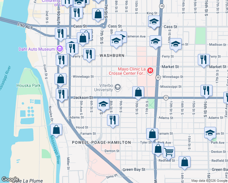 map of restaurants, bars, coffee shops, grocery stores, and more near 1002 9th Street South in La Crosse