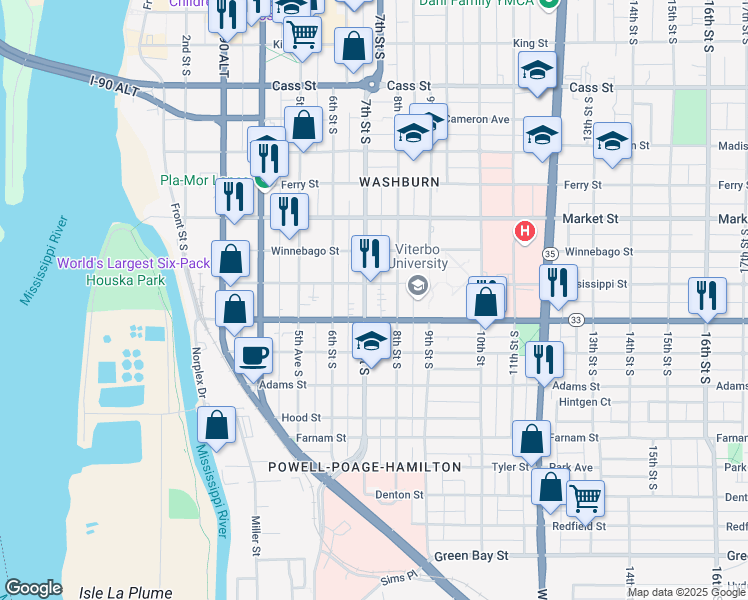 map of restaurants, bars, coffee shops, grocery stores, and more near 716 Jackson Street in La Crosse