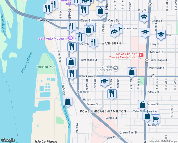 map of restaurants, bars, coffee shops, grocery stores, and more near 515 Jackson Street in La Crosse