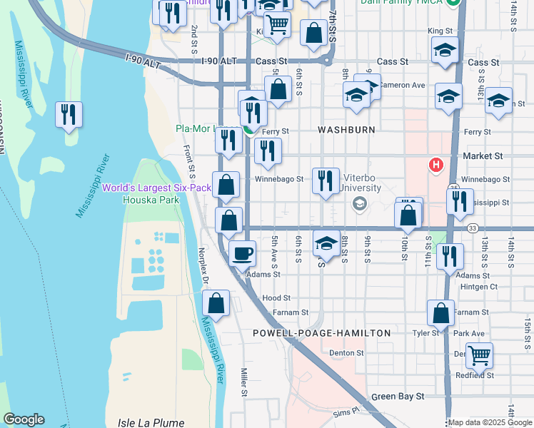 map of restaurants, bars, coffee shops, grocery stores, and more near 420 Jackson Street in La Crosse