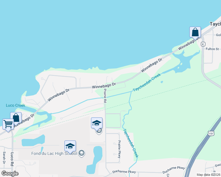 map of restaurants, bars, coffee shops, grocery stores, and more near N7187 Winnebago Drive in Fond du Lac