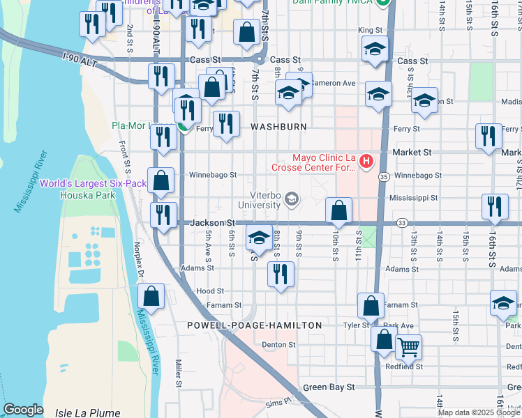 map of restaurants, bars, coffee shops, grocery stores, and more near 716 Jackson Street in La Crosse
