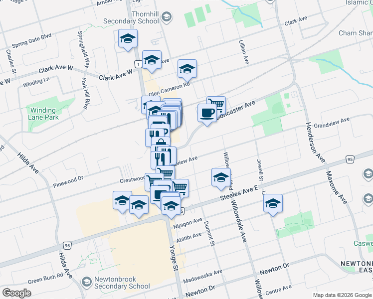 map of restaurants, bars, coffee shops, grocery stores, and more near 32 Meadowview Avenue in Markham