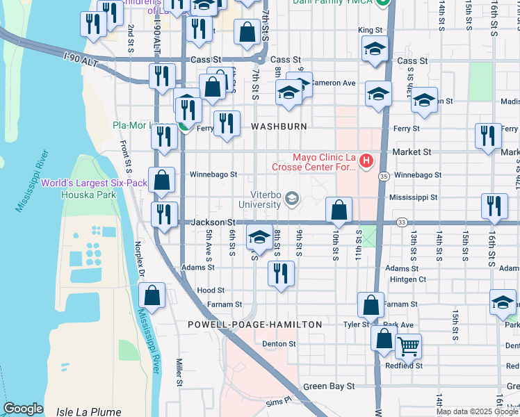 map of restaurants, bars, coffee shops, grocery stores, and more near 913 7th Street South in La Crosse