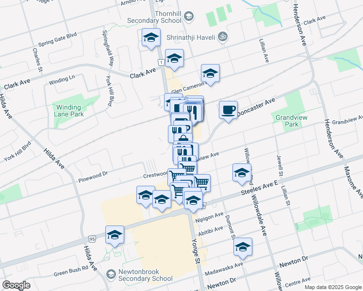 map of restaurants, bars, coffee shops, grocery stores, and more near 7123 Yonge Street in Markham