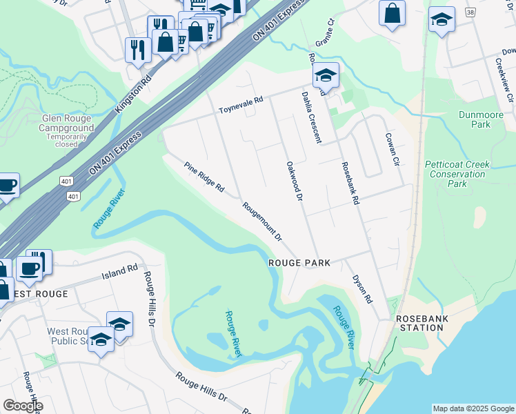 map of restaurants, bars, coffee shops, grocery stores, and more near 507 Rougemount Drive in Pickering