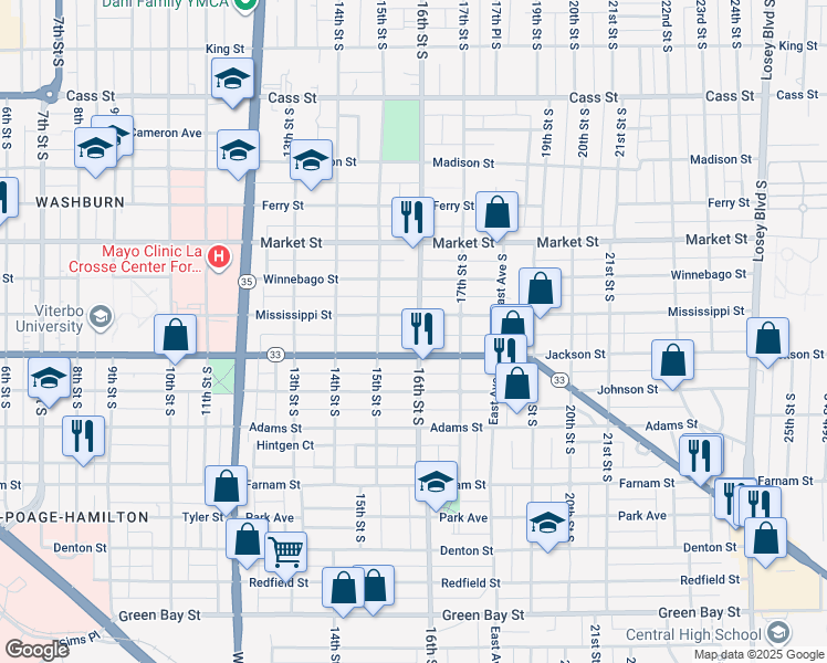 map of restaurants, bars, coffee shops, grocery stores, and more near 912 16th Street South in La Crosse
