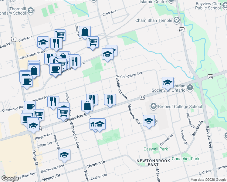 map of restaurants, bars, coffee shops, grocery stores, and more near 145 Highland Park Boulevard in Markham