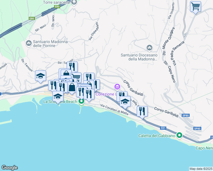 map of restaurants, bars, coffee shops, grocery stores, and more near 15 Corso Regina Margherita in Ospedaletti