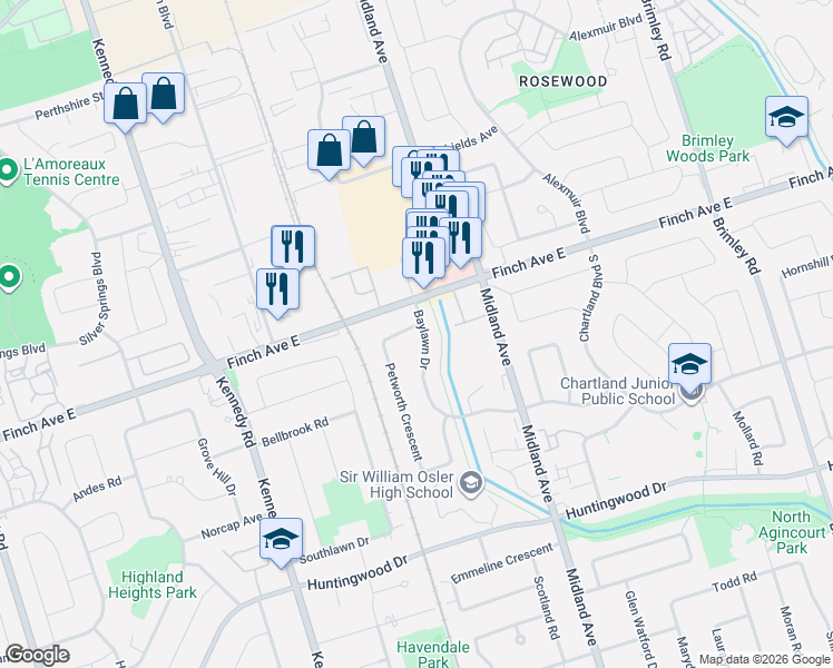 map of restaurants, bars, coffee shops, grocery stores, and more near 76 Baylawn Drive in Toronto