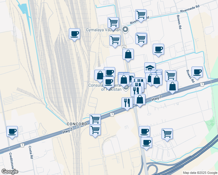 map of restaurants, bars, coffee shops, grocery stores, and more near 55 Administration Road in Vaughan