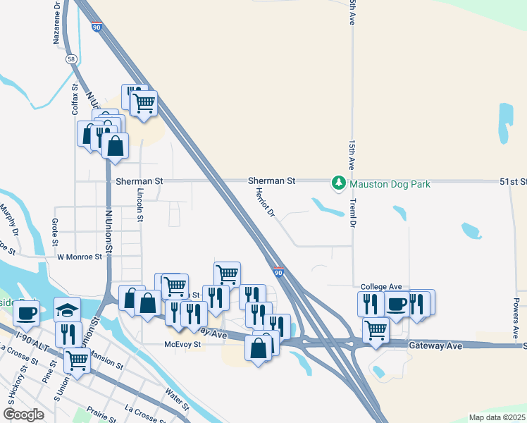 map of restaurants, bars, coffee shops, grocery stores, and more near 880 Herriot Drive in Mauston