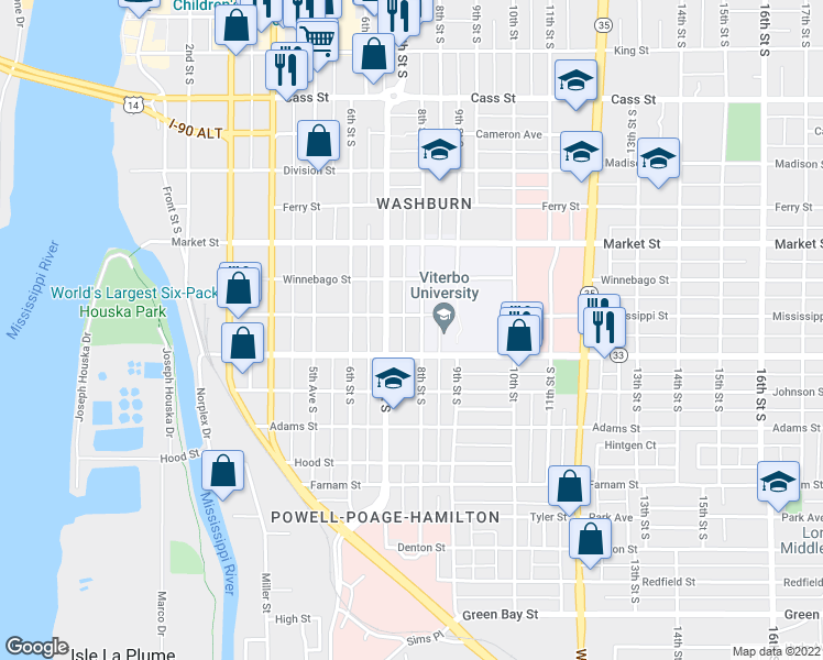 map of restaurants, bars, coffee shops, grocery stores, and more near 716 Jackson Street in La Crosse