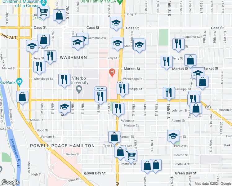 map of restaurants, bars, coffee shops, grocery stores, and more near 1113 Jackson Street in La Crosse
