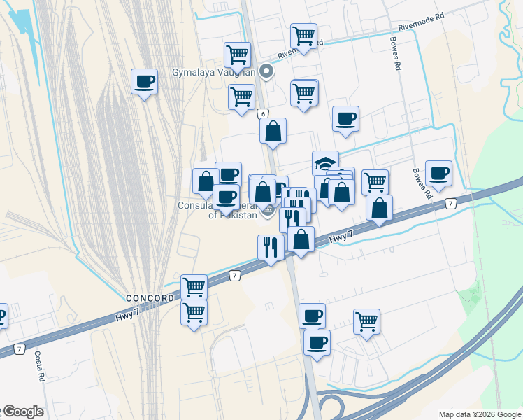 map of restaurants, bars, coffee shops, grocery stores, and more near 7880 Keele Street in Vaughan