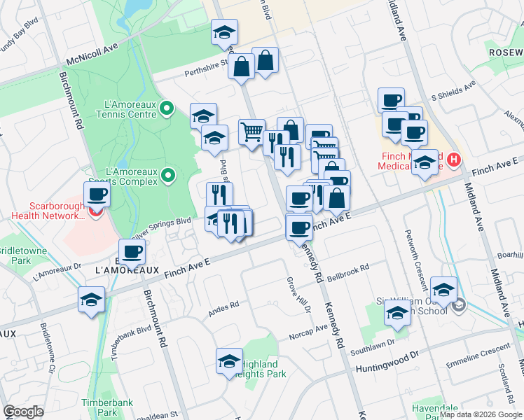 map of restaurants, bars, coffee shops, grocery stores, and more near 29 Puma Drive in Toronto