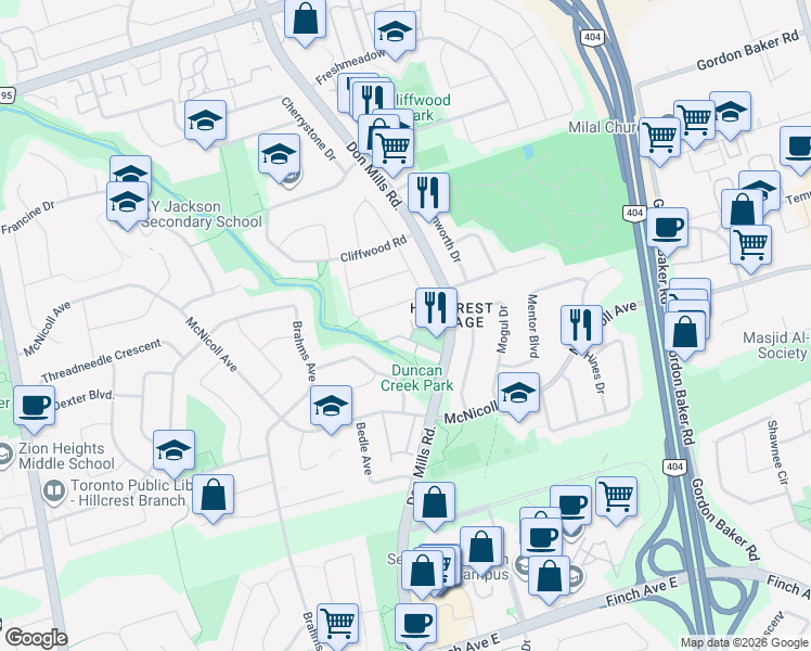 map of restaurants, bars, coffee shops, grocery stores, and more near 25 Pebble Byway in Toronto