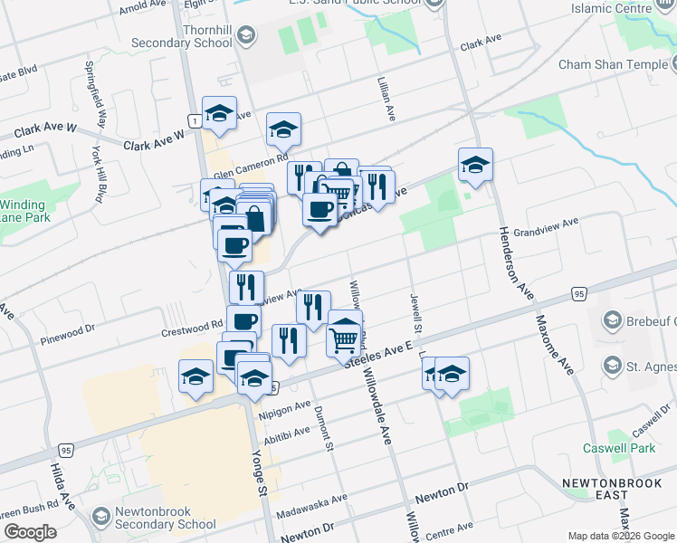 map of restaurants, bars, coffee shops, grocery stores, and more near 58 Grandview Avenue in Markham