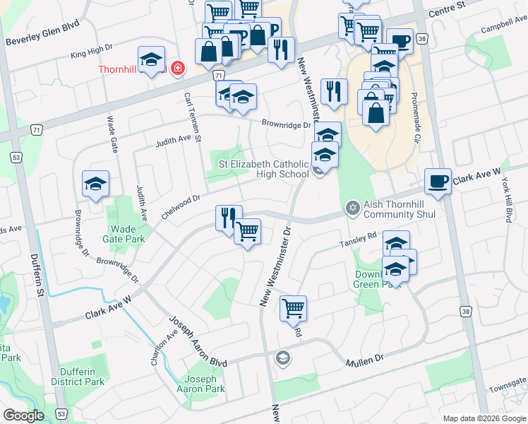 map of restaurants, bars, coffee shops, grocery stores, and more near 1007 Clark Avenue West in Vaughan