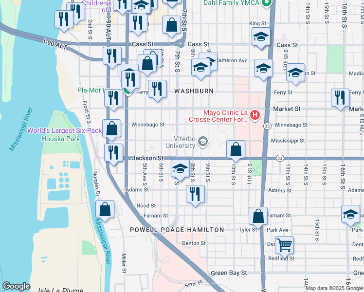map of restaurants, bars, coffee shops, grocery stores, and more near 820 8th Street South in La Crosse