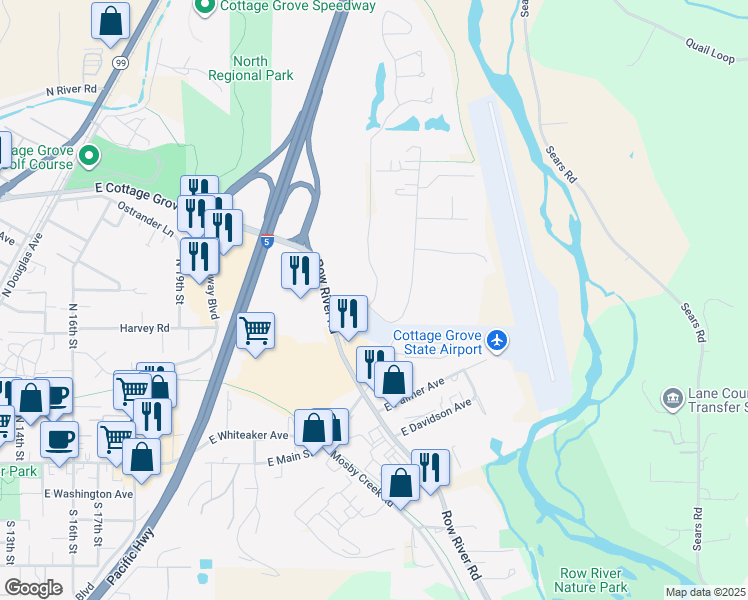map of restaurants, bars, coffee shops, grocery stores, and more near 2 Village Drive in Cottage Grove