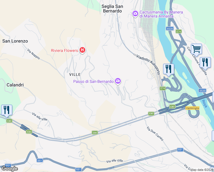 map of restaurants, bars, coffee shops, grocery stores, and more near 82 Via Sant'Anna in Ventimiglia