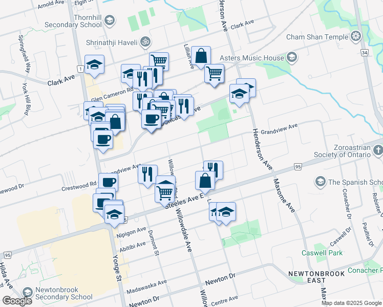 map of restaurants, bars, coffee shops, grocery stores, and more near 85 Grandview Avenue in Markham