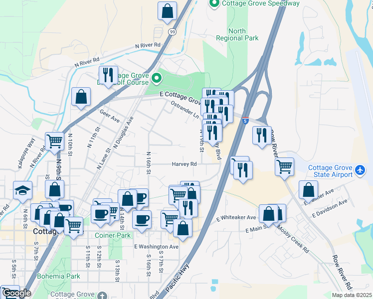 map of restaurants, bars, coffee shops, grocery stores, and more near 1025 North 19th Street in Cottage Grove