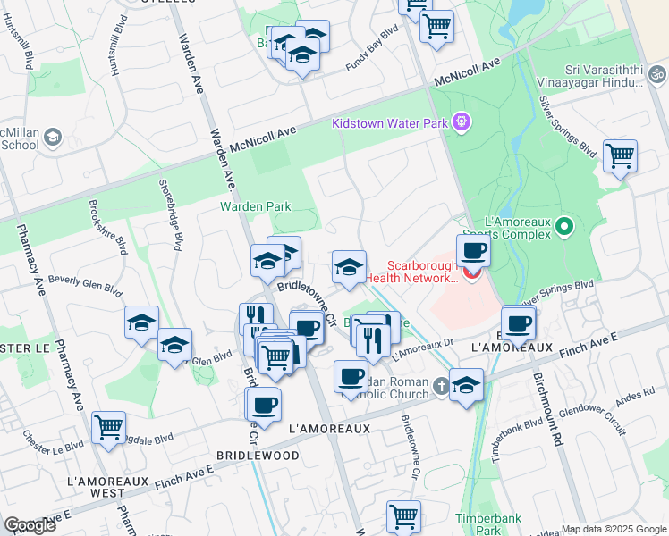 map of restaurants, bars, coffee shops, grocery stores, and more near 2451 Bridletowne Circle in Toronto
