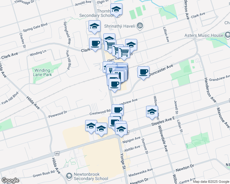 map of restaurants, bars, coffee shops, grocery stores, and more near 7161 Yonge Street in Markham