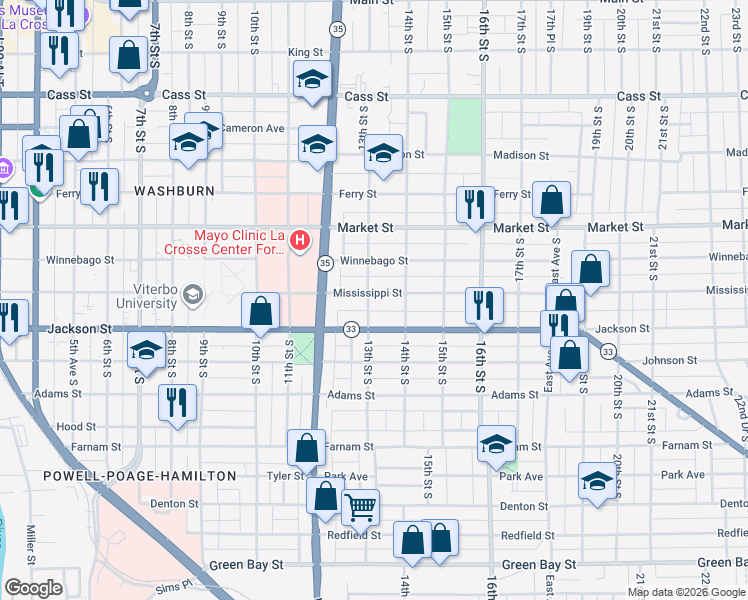map of restaurants, bars, coffee shops, grocery stores, and more near 1302 Mississippi Street in La Crosse