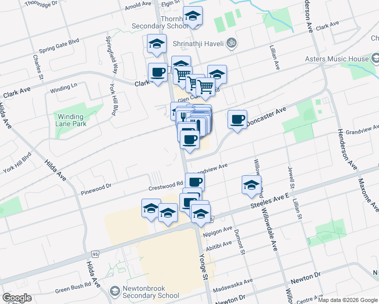 map of restaurants, bars, coffee shops, grocery stores, and more near 7181 Yonge Street in Markham