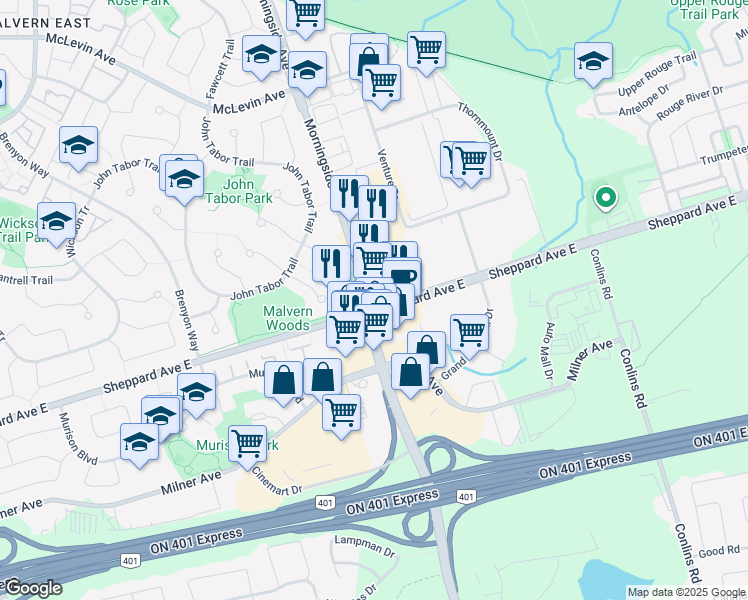 map of restaurants, bars, coffee shops, grocery stores, and more near in Toronto