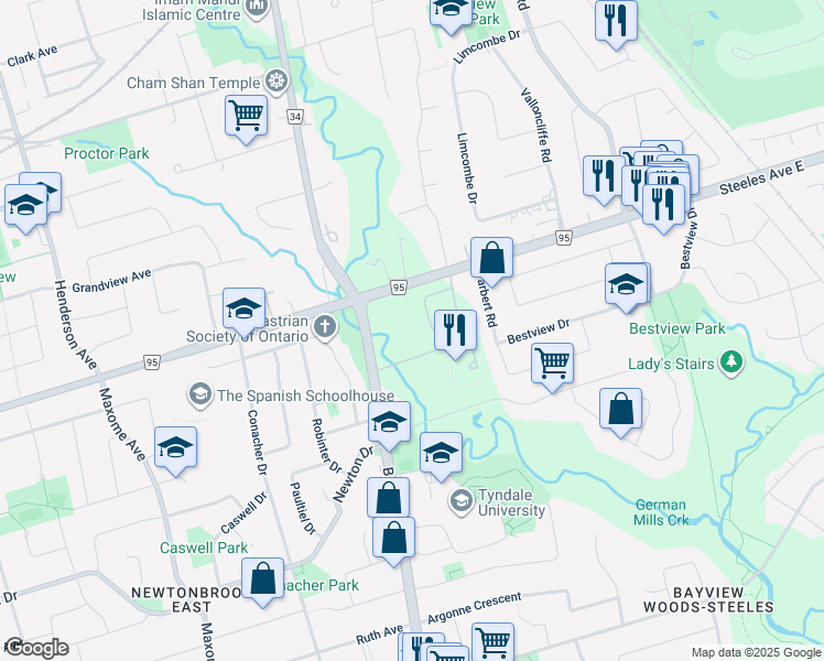 map of restaurants, bars, coffee shops, grocery stores, and more near 4005 Bayview Avenue in Toronto