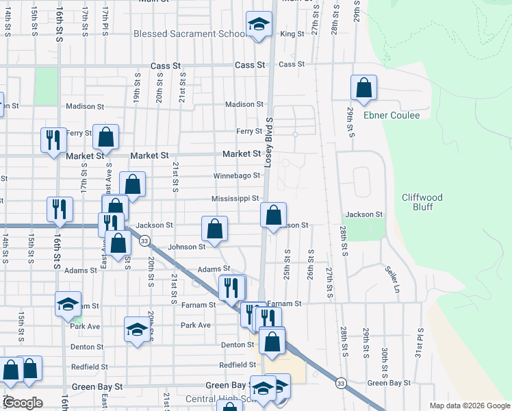 map of restaurants, bars, coffee shops, grocery stores, and more near 2311 Mississippi Street in La Crosse