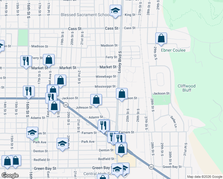 map of restaurants, bars, coffee shops, grocery stores, and more near 2311 Mississippi Street in La Crosse