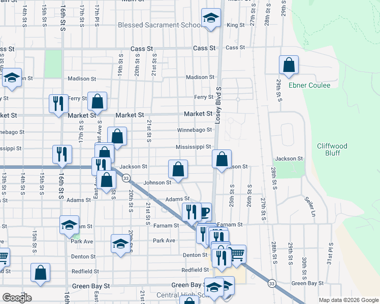 map of restaurants, bars, coffee shops, grocery stores, and more near 719 22nd Street South in La Crosse
