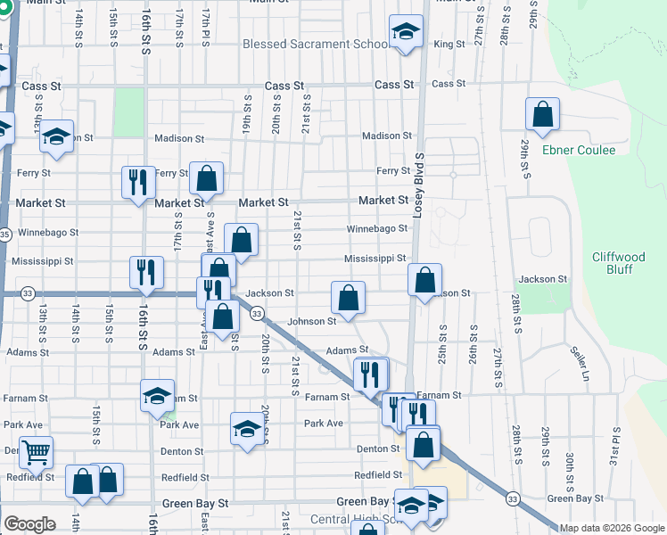 map of restaurants, bars, coffee shops, grocery stores, and more near 2131 Mississippi Street in La Crosse