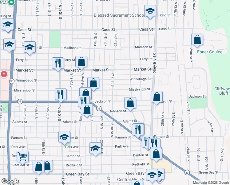 map of restaurants, bars, coffee shops, grocery stores, and more near 720 21st Street South in La Crosse