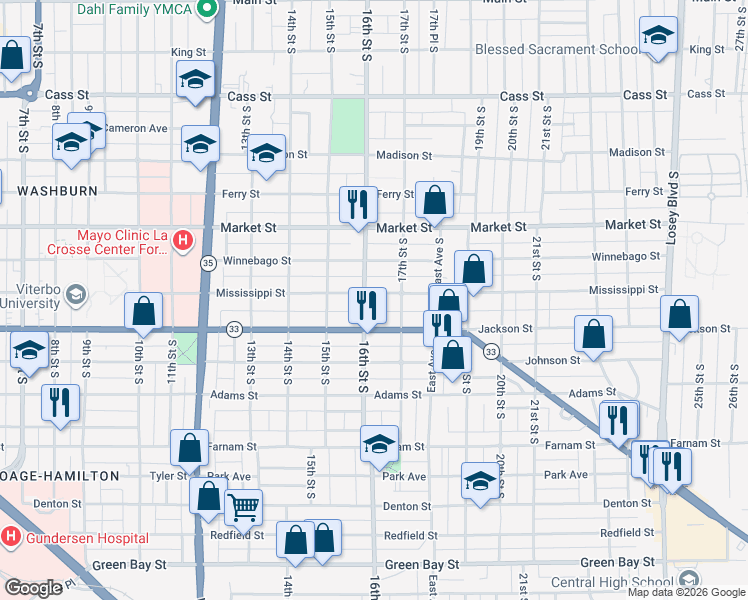 map of restaurants, bars, coffee shops, grocery stores, and more near 814 16th Street South in La Crosse