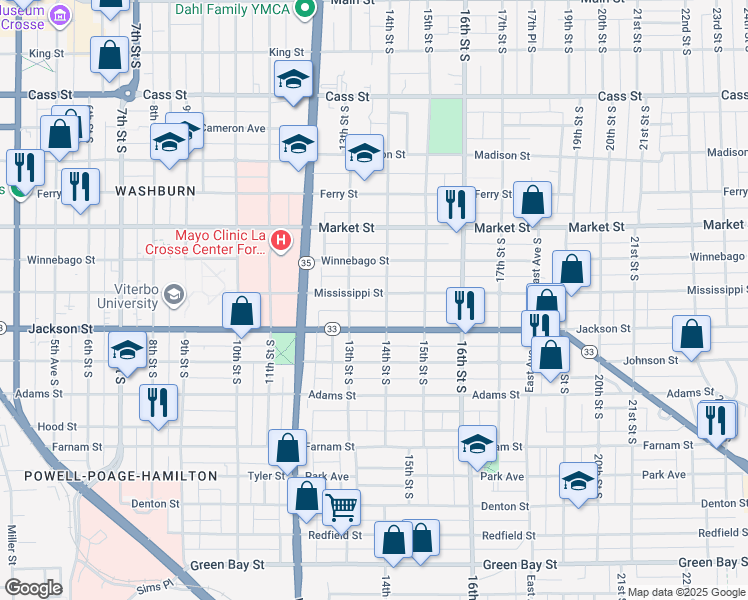 map of restaurants, bars, coffee shops, grocery stores, and more near 816 14th Street South in La Crosse