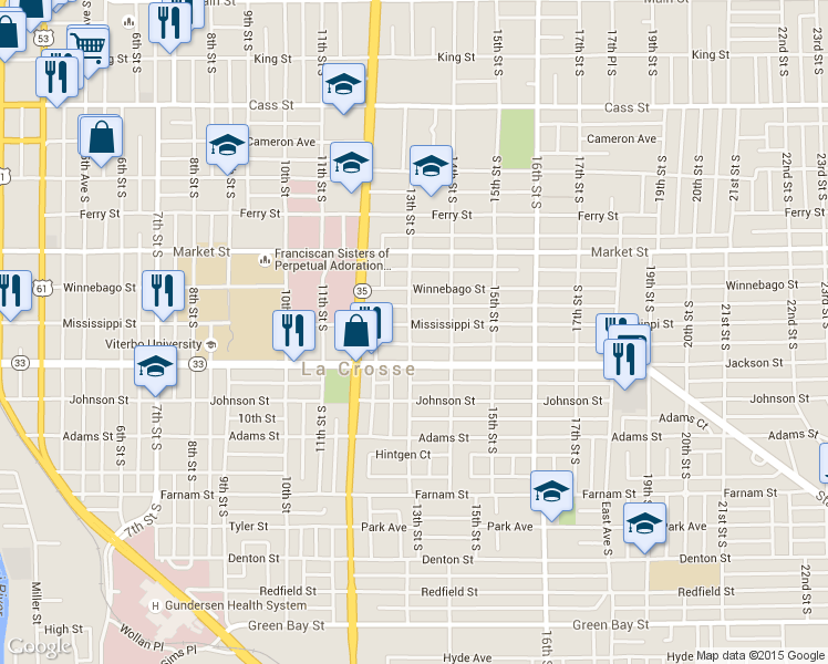 map of restaurants, bars, coffee shops, grocery stores, and more near 815 13th Street South in La Crosse