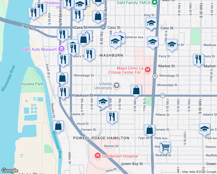 map of restaurants, bars, coffee shops, grocery stores, and more near 820 8th Street South in La Crosse